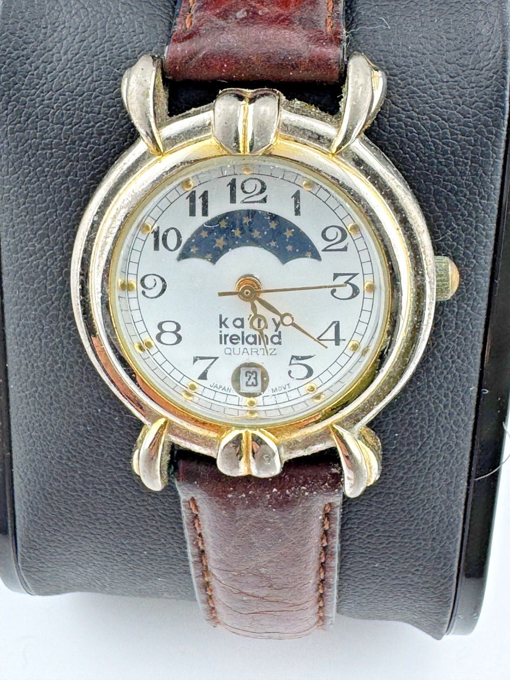 Kathy Ireland Quartz Moonphase Watch Two Tone Date Leather Band Vintage